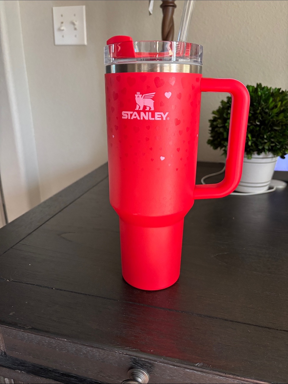 Stanley Red Travel Tumbler with Handle and Clear Lid